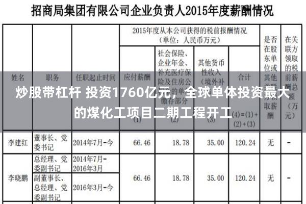 炒股带杠杆 投资1760亿元，全球单体投资最大的煤化工项目二期工程开工